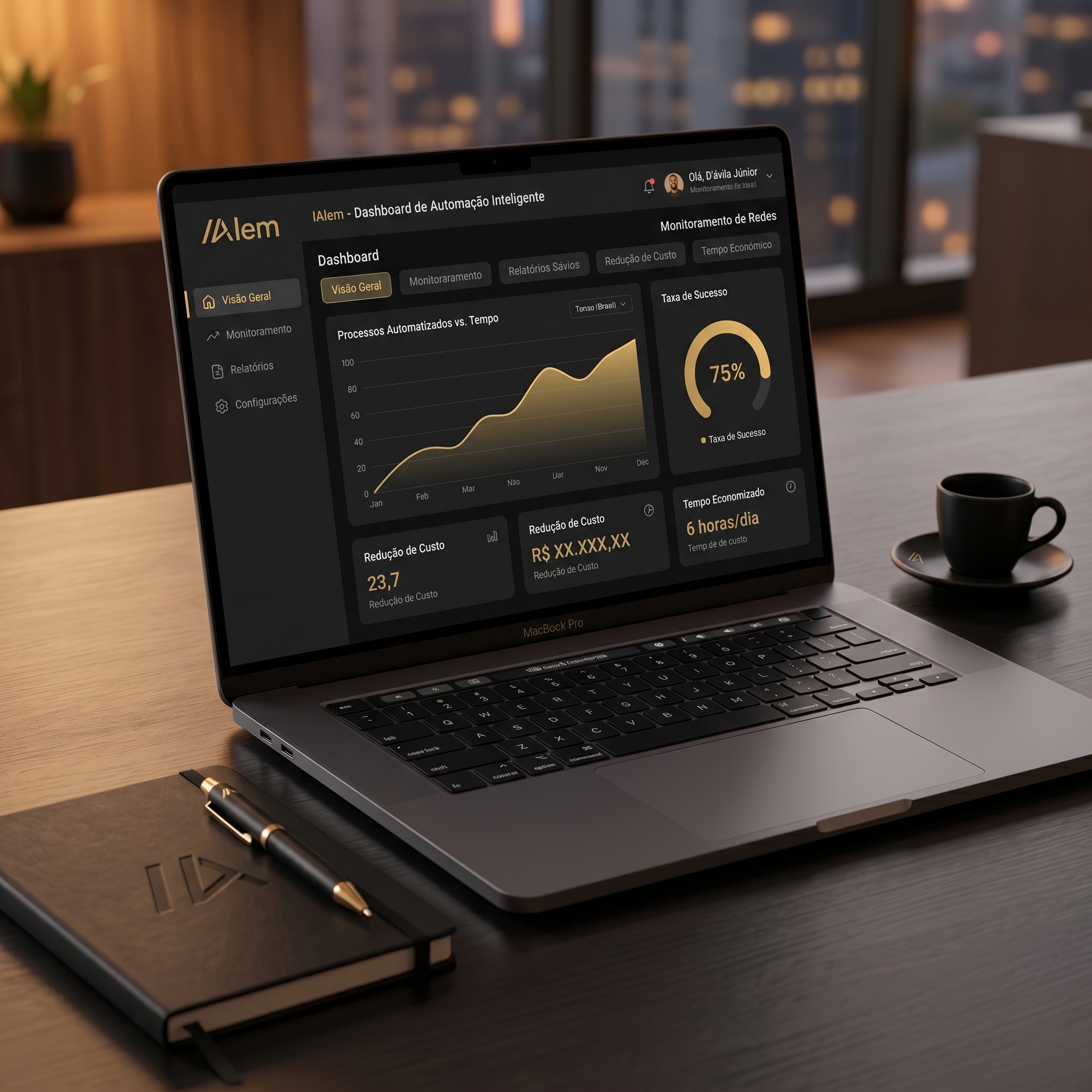 Dashboard de Automação Inteligente da IAlem em laptop — gráficos de processos automatizados, taxa de sucesso e tempo economizado
